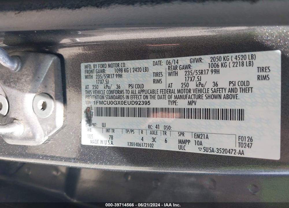 2014 FORD ESCAPE SE VIN: 1FMCU0GX0EUD92395