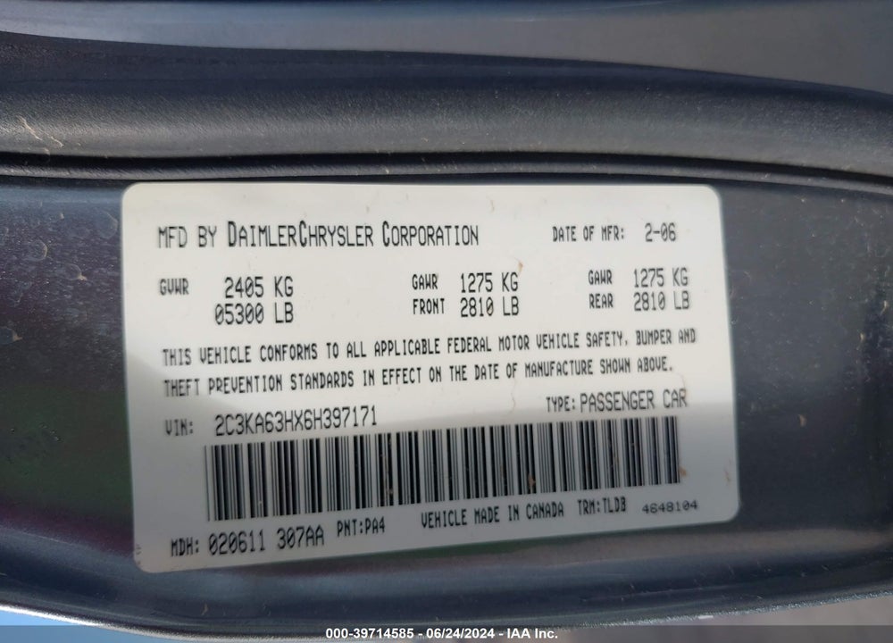 2006 CHRYSLER 300C VIN: 2C3KA63HX6H397171