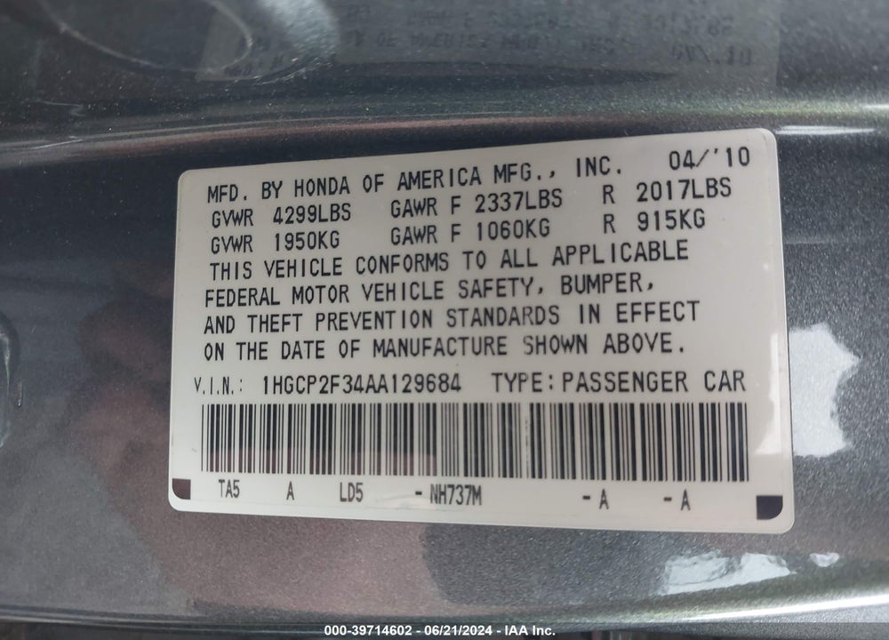 2010 HONDA ACCORD 2.4 LX VIN: 1HGCP2F34AA129684