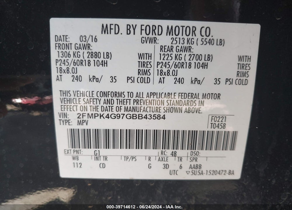 2016 FORD EDGE SE VIN: 2FMPK4G97GBB43584