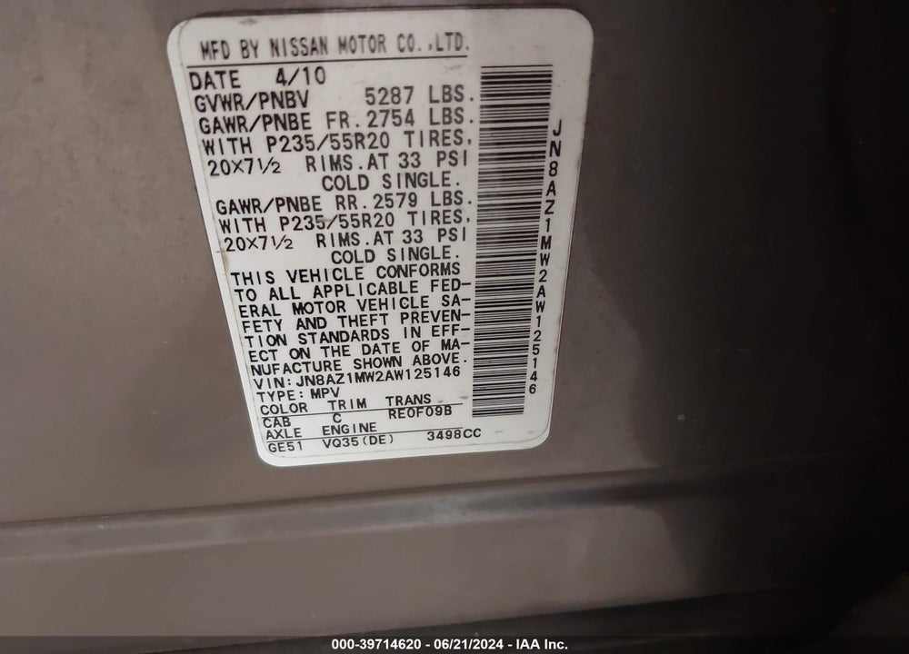 2010 NISSAN MURANO LE VIN: JN8AZ1MW2AW125146