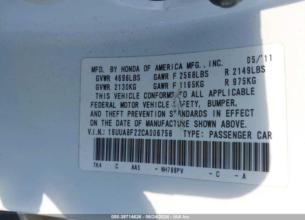 2012 ACURA TL 3.5 VIN: 19UUA8F22CA006758