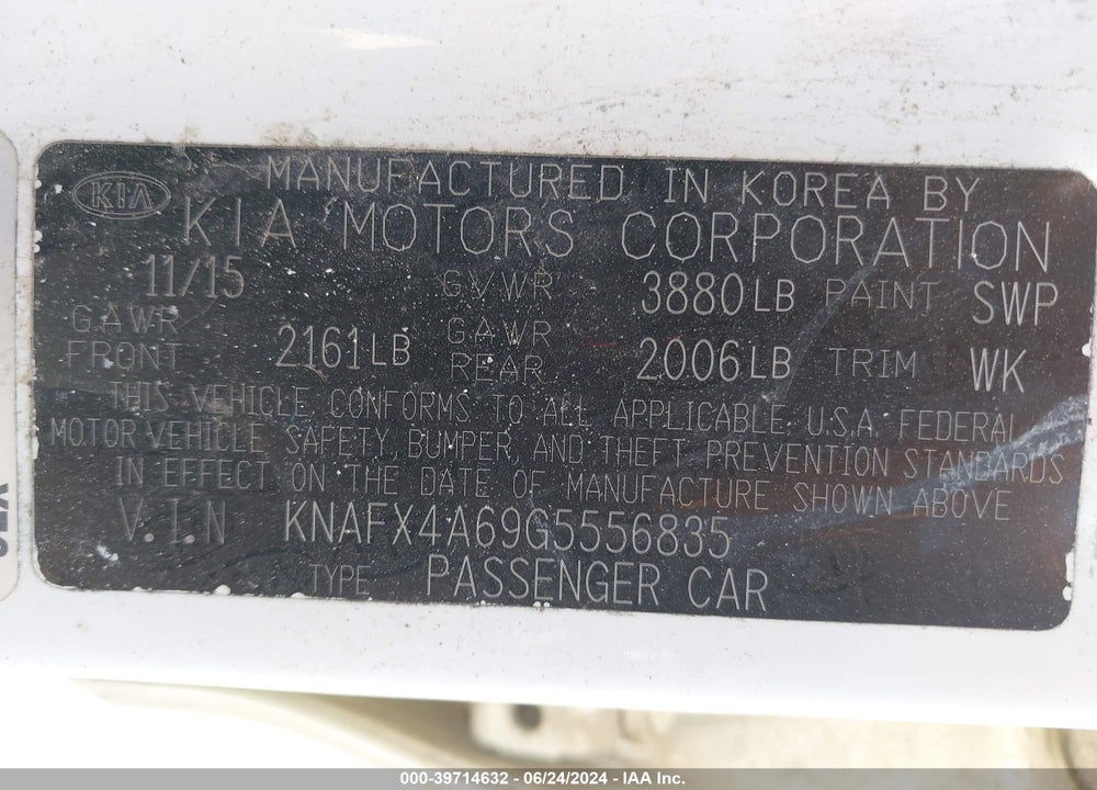 2016 KIA FORTE LX VIN: KNAFX4A69G5556835