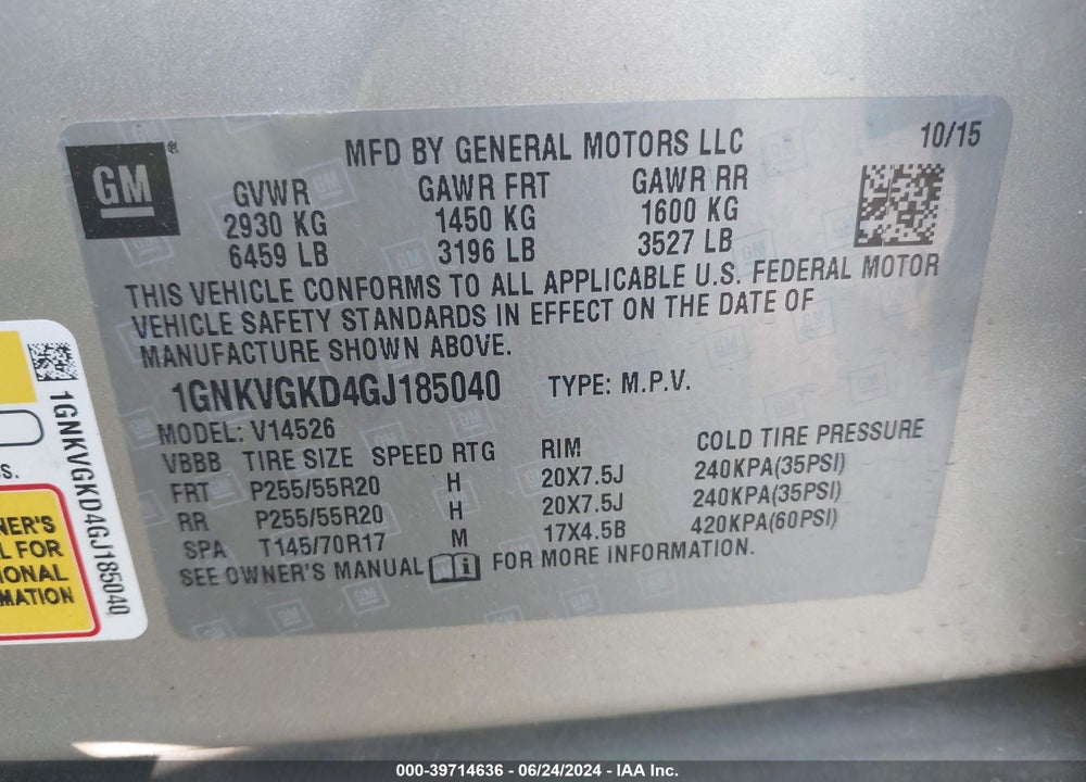 2016 CHEVROLET TRAVERSE 1LT VIN: 1GNKVGKD4GJ185040