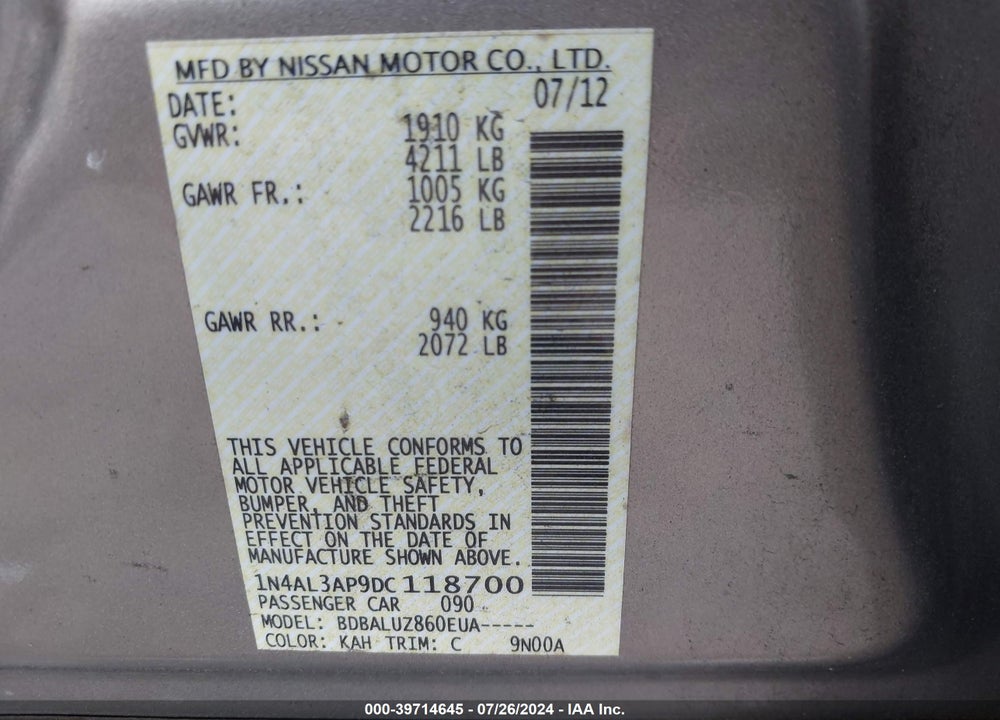 2013 NISSAN ALTIMA 2.5 SV VIN: 1N4AL3AP9DC118700