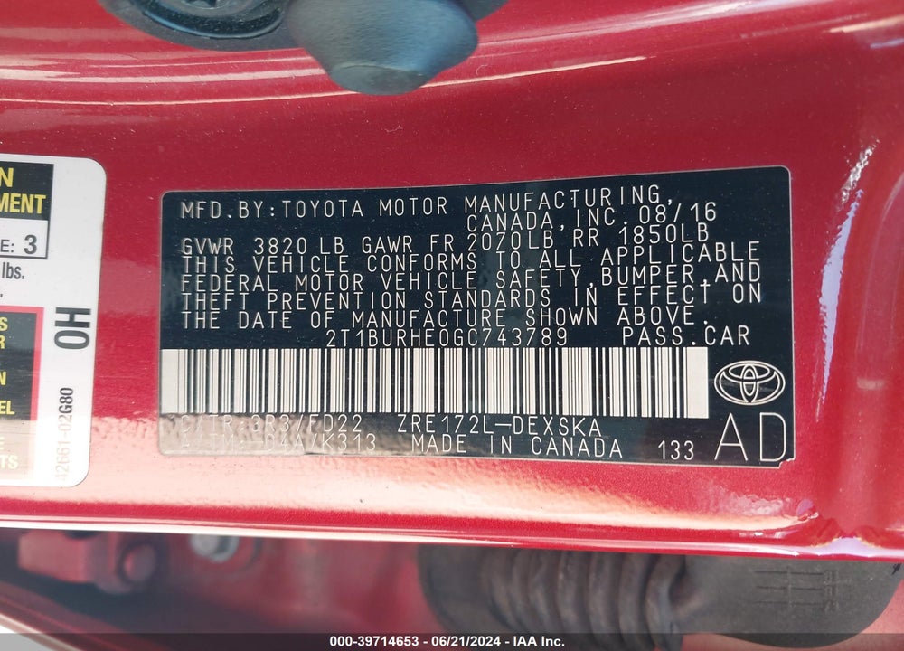 2016 TOYOTA COROLLA S PLUS VIN: 2T1BURHE0GC743789