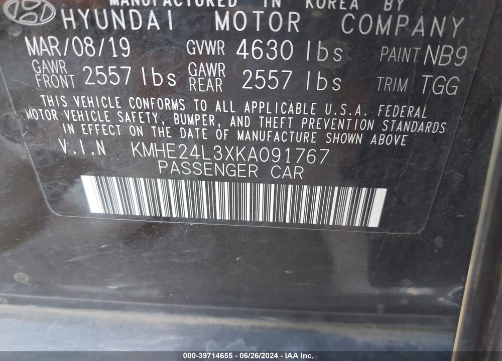 2019 HYUNDAI SONATA HYBRID SE VIN: KMHE24L3XKA091767