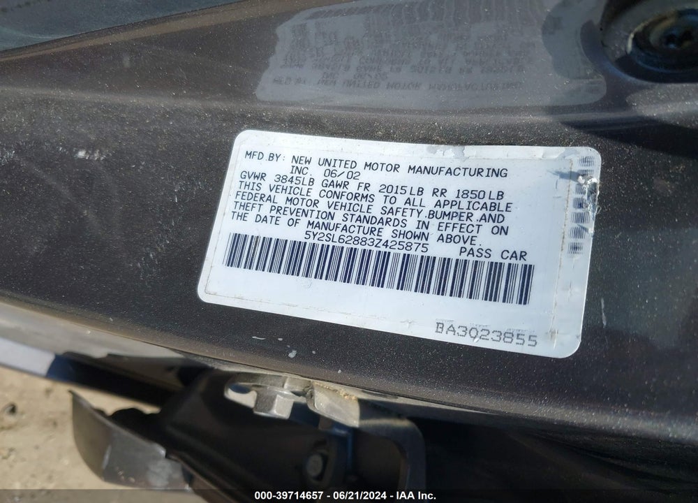 2003 PONTIAC VIBE VIN: 5Y2SL62883Z425875