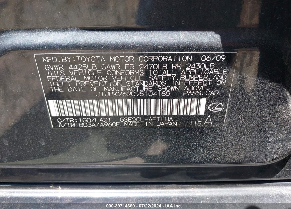 2009 LEXUS IS 250 VIN: JTHBK262095104185
