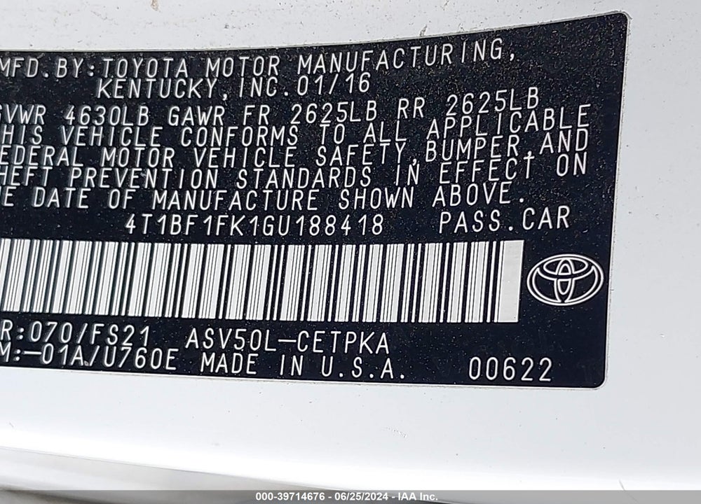 2016 TOYOTA CAMRY SE VIN: 4T1BF1FK1GU188418