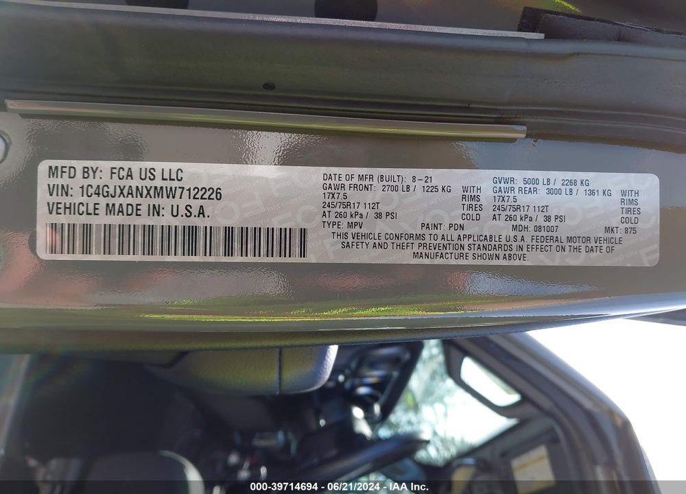 2021 JEEP WRANGLER SPORT S 4X4 VIN: 1C4GJXANXMW712226