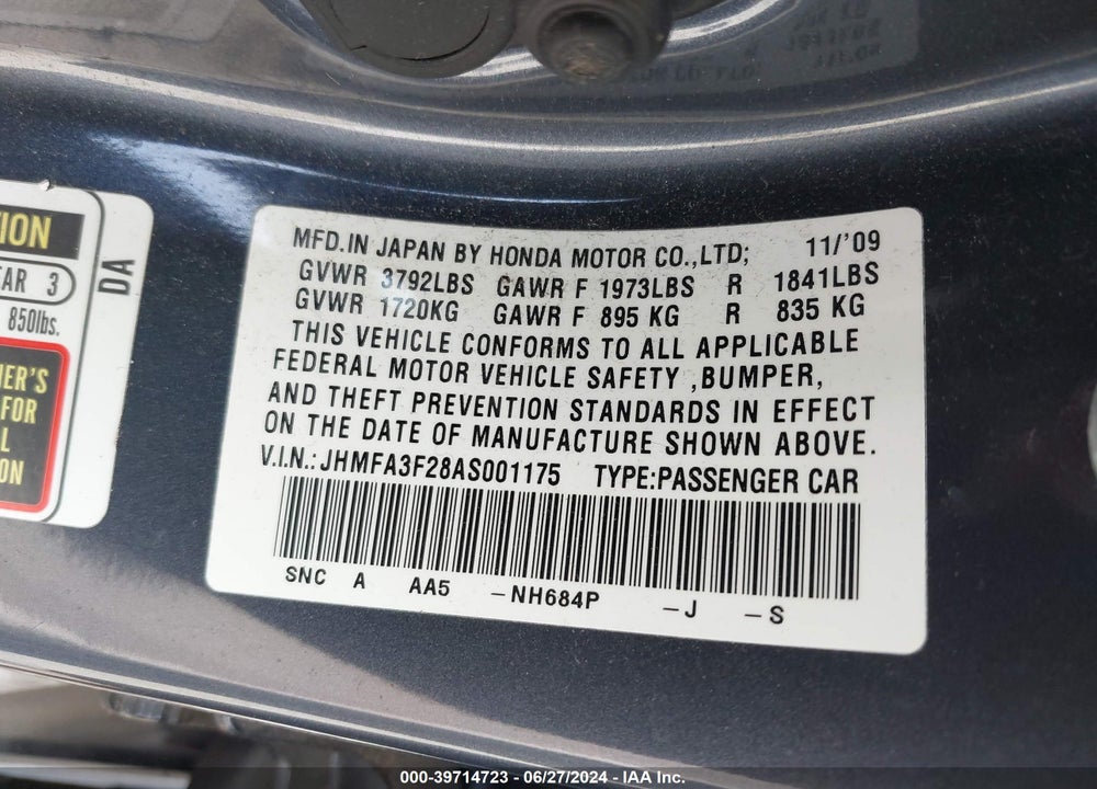 2010 HONDA CIVIC HYBRID VIN: JHMFA3F28AS001175
