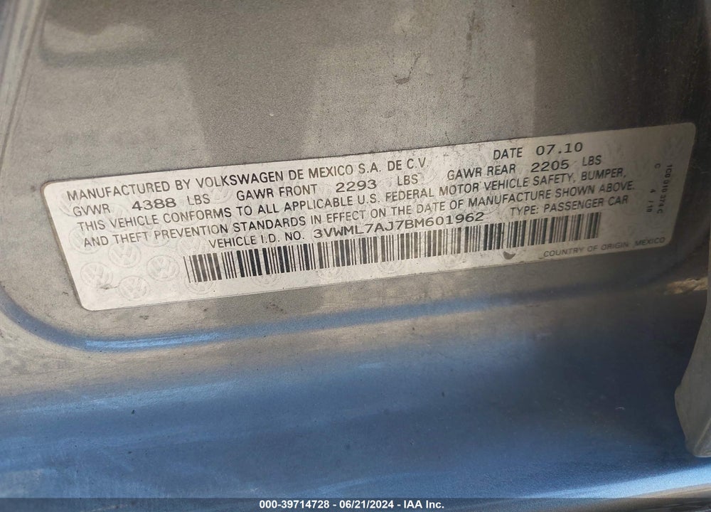 2011 VOLKSWAGEN JETTA SPORTWAGEN 2.0L TDI VIN: 3VWML7AJ7BM601962