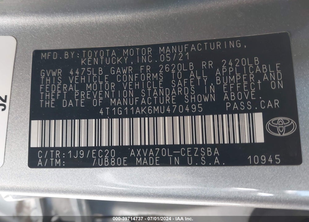 2021 TOYOTA CAMRY SE NIGHTSHADE EDITION VIN: 4T1G11AK6MU470495