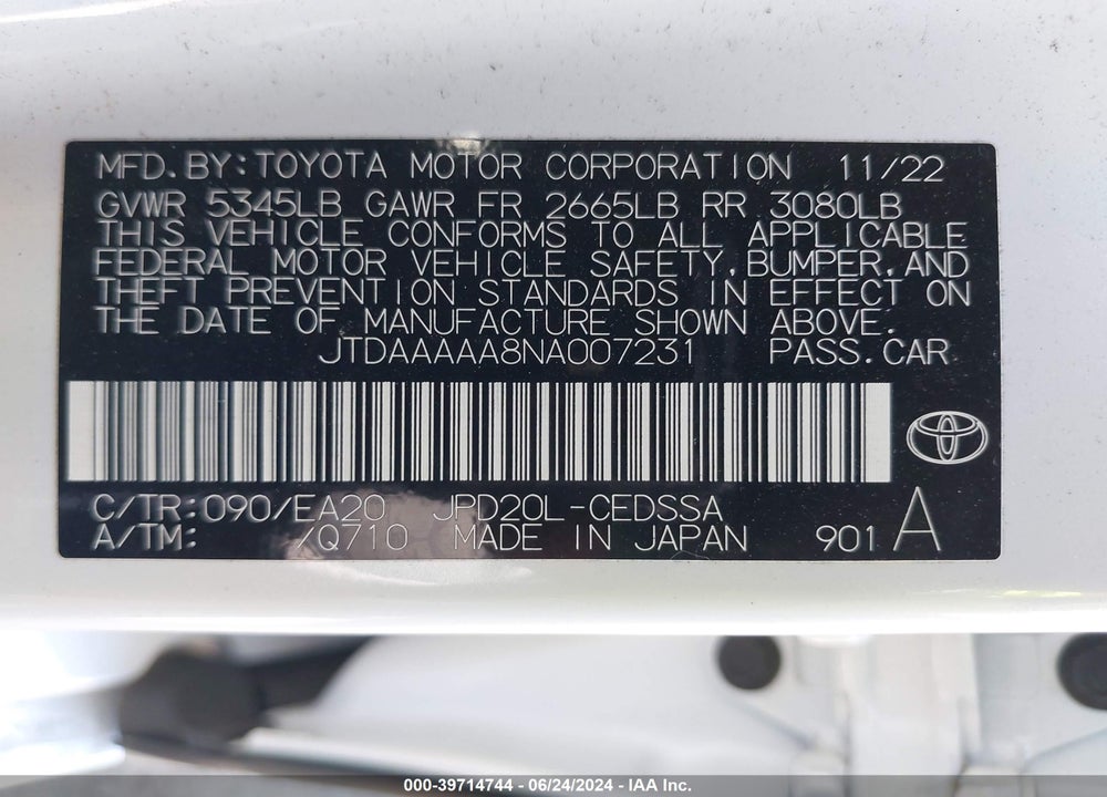 2022 TOYOTA MIRAI XLE VIN: JTDAAAAA8NA007231