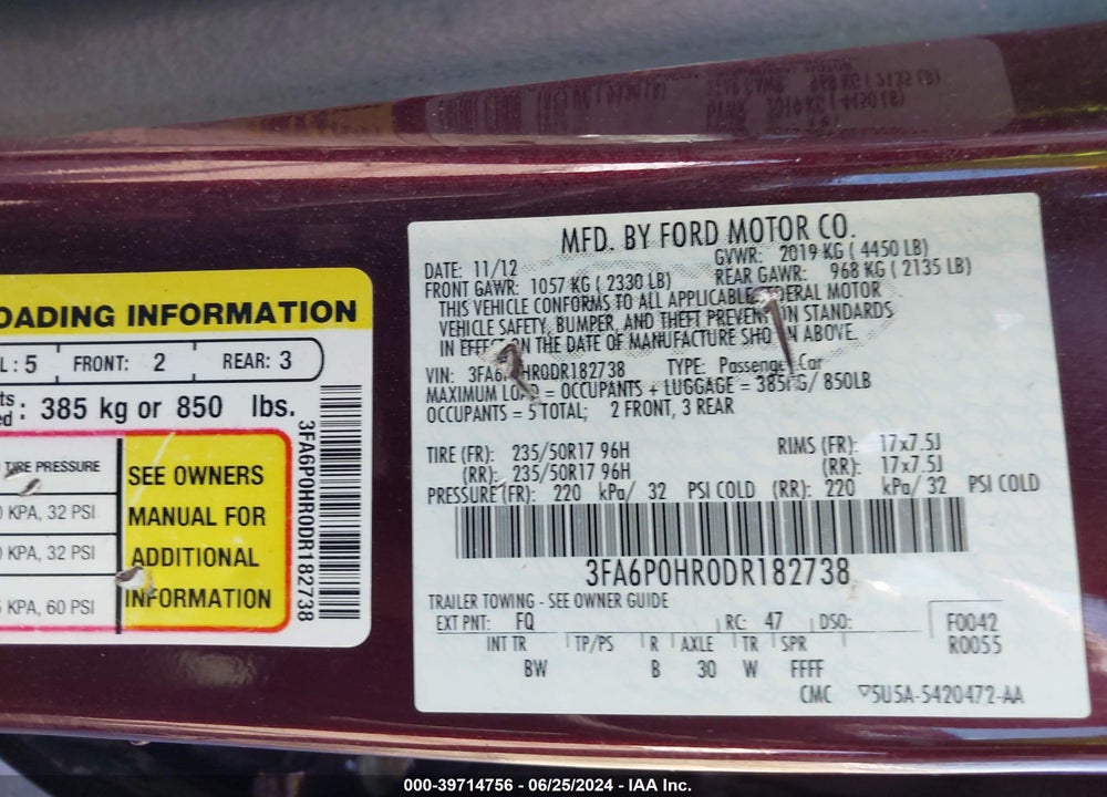 2013 FORD FUSION SE VIN: 3FA6P0HR0DR182738
