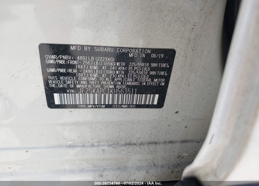 2019 SUBARU FORESTER SPORT VIN: JF2SKAPC1KH563511