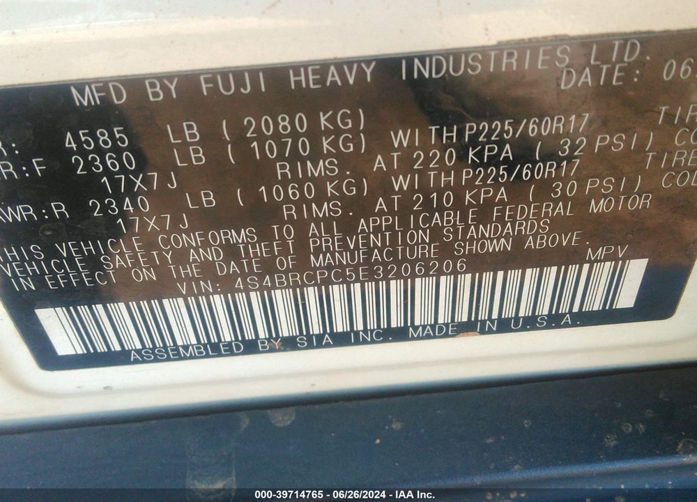 2014 SUBARU OUTBACK 2.5I LIMITED VIN: 4S4BRCPC5E3206206