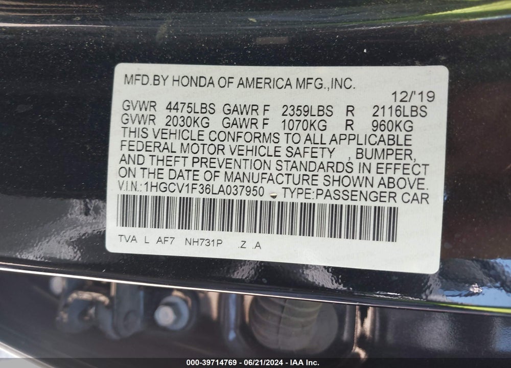 2020 HONDA ACCORD SPORT VIN: 1HGCV1F36LA037950