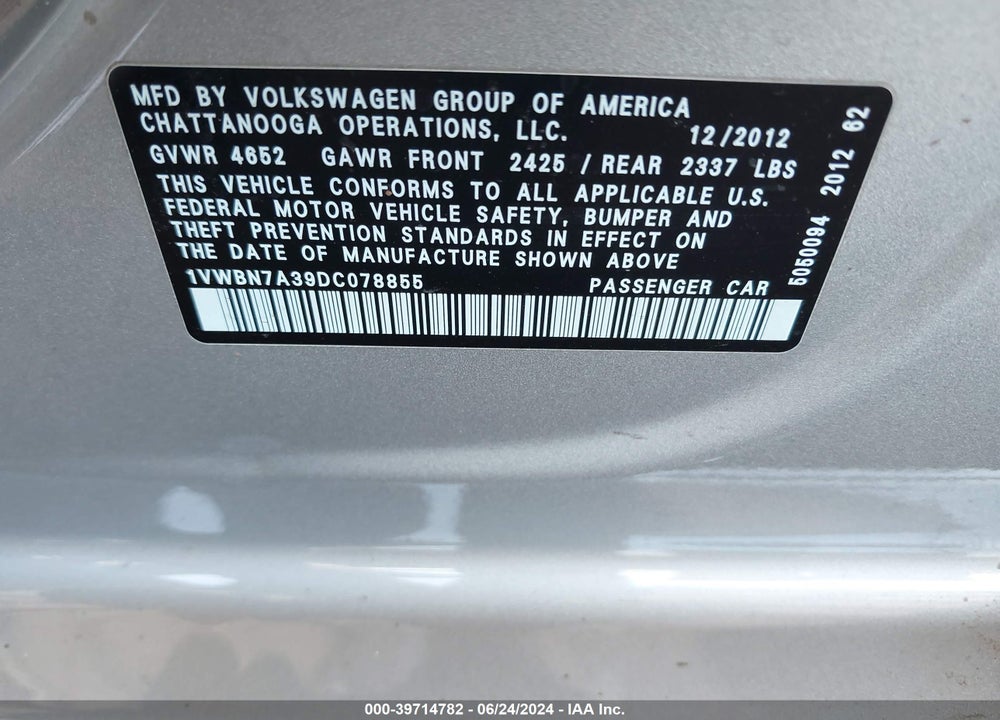 2013 VOLKSWAGEN PASSAT 2.0L TDI SE VIN: 1VWBN7A39DC078855