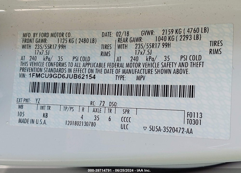 2018 FORD ESCAPE SE VIN: 1FMCU9GD6JUB62154