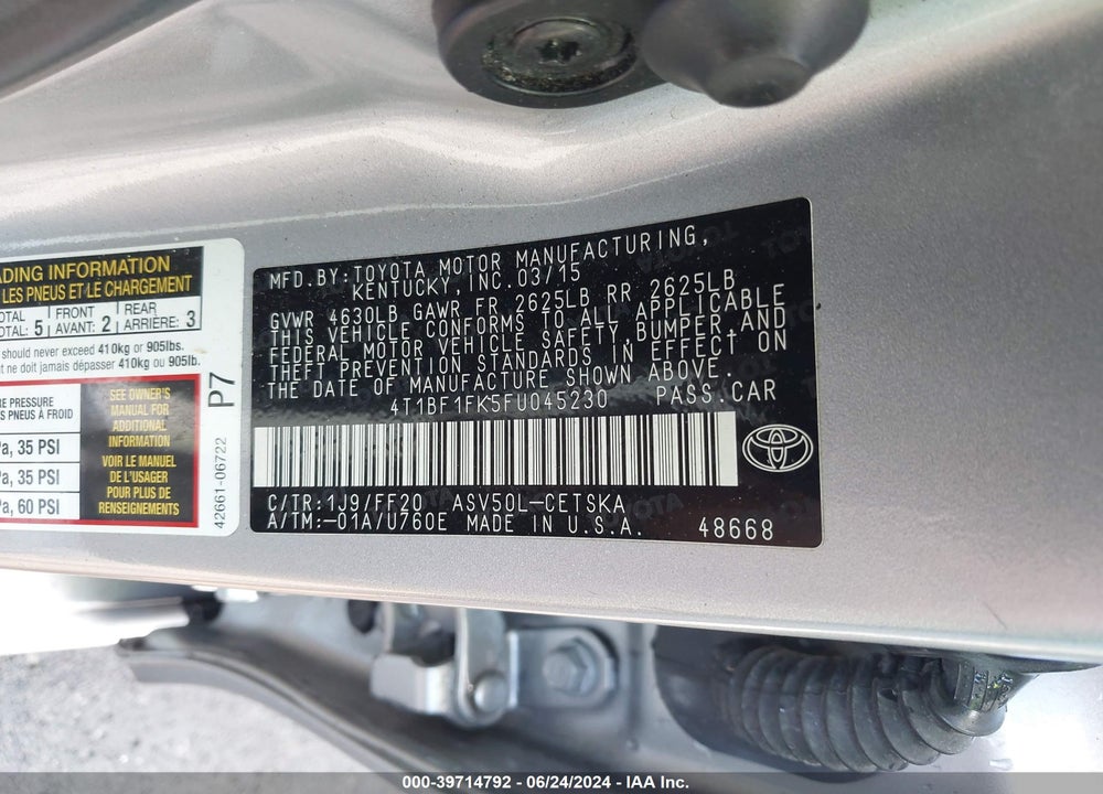 2015 TOYOTA CAMRY SE VIN: 4T1BF1FK5FU045230
