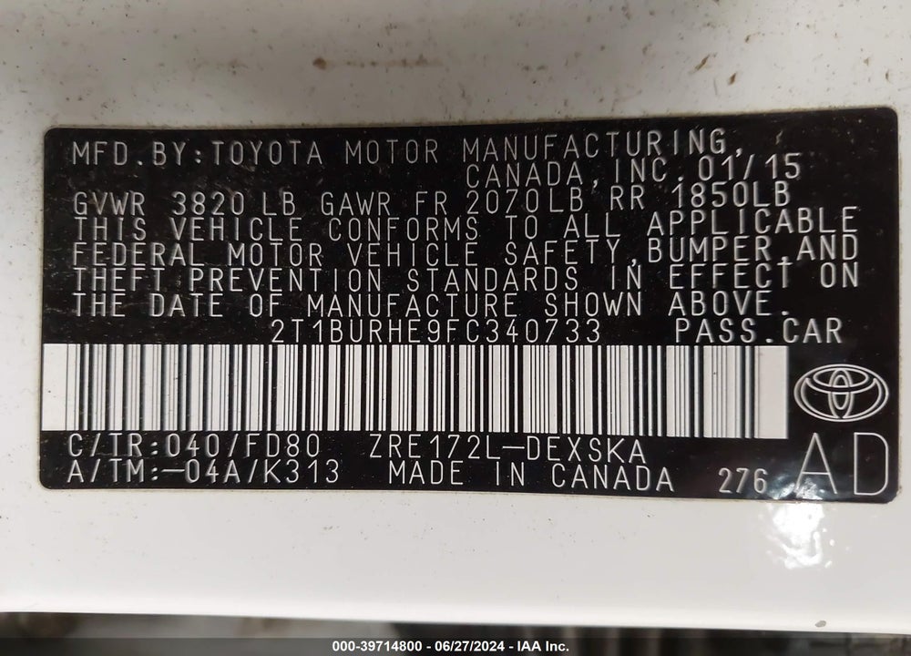 2015 TOYOTA COROLLA S PLUS VIN: 2T1BURHE9FC340733