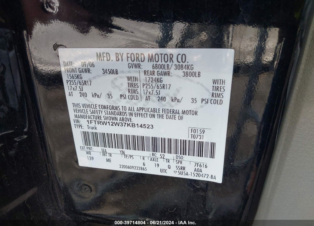 2007 FORD F-150 XLT VIN: 1FTRW12W37KB14523