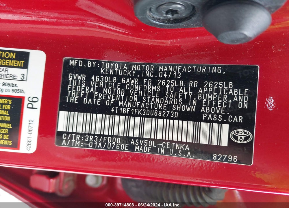 2013 TOYOTA CAMRY LE VIN: 4T1BF1FK3DU682730