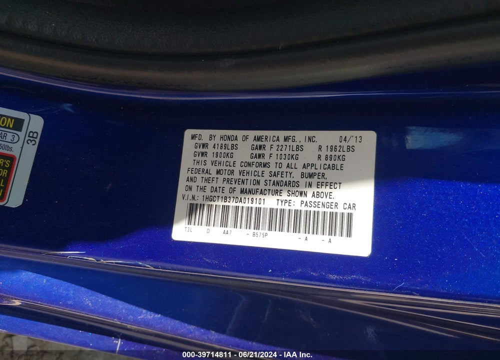 2013 HONDA ACCORD LX-S VIN: 1HGCT1B37DA019101