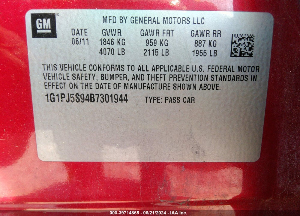 2011 CHEVROLET CRUZE ECO VIN: 1G1PJ5S94B7301944