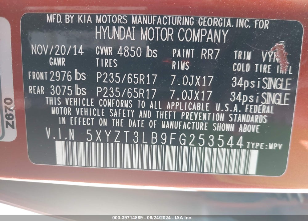 2015 HYUNDAI SANTA FE SPORT 2.4L VIN: 5XYZT3LB9FG253544