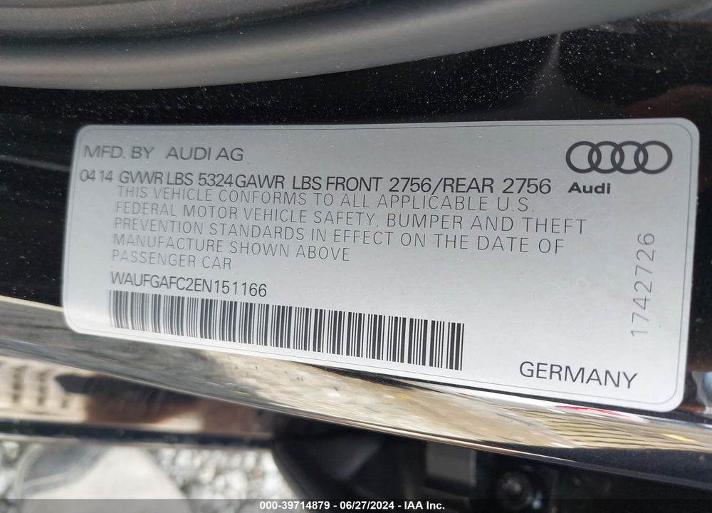 2014 AUDI A6 3.0T PREMIUM PLUS VIN: WAUFGAFC2EN151166