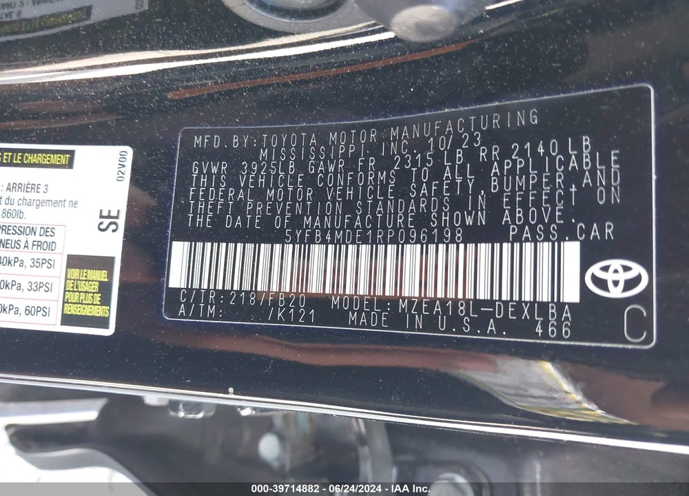 2024 TOYOTA COROLLA LE VIN: 5YFB4MDE1RP096198