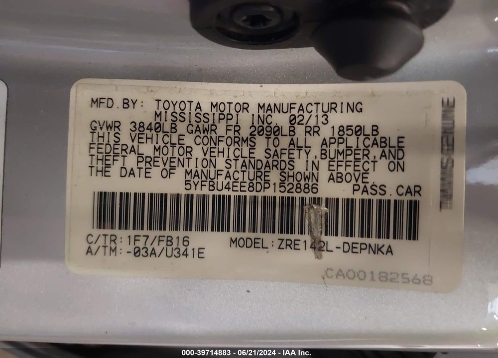 2013 TOYOTA COROLLA LE VIN: 5YFBU4EE8DP152886