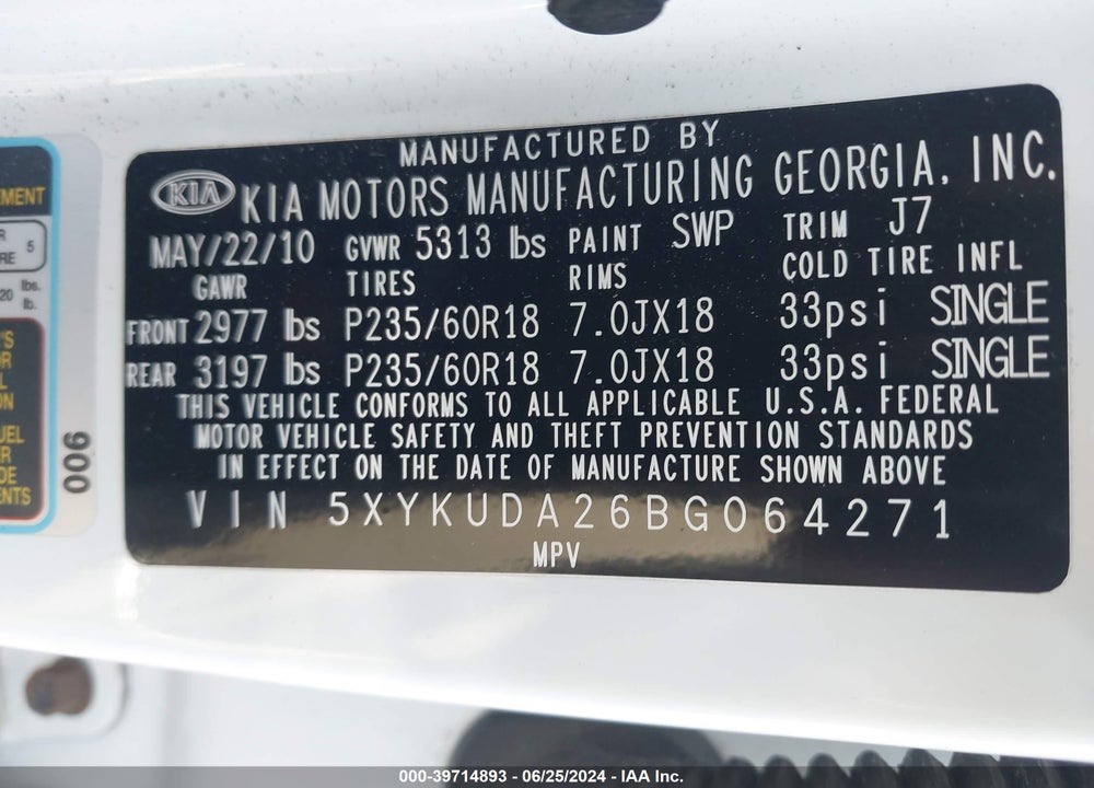 2011 KIA SORENTO EX V6 VIN: 5XYKUDA26BG064271