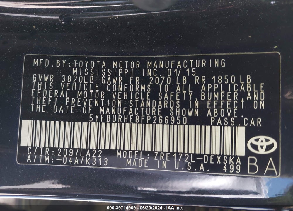 2015 TOYOTA COROLLA VIN: 5YFBURHE8FP266950