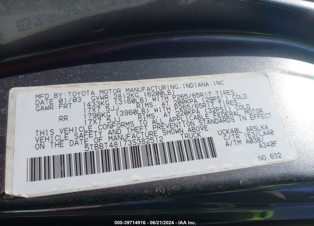 2003 TOYOTA TUNDRA LTD V8 VIN: 5TBBT48173S382512