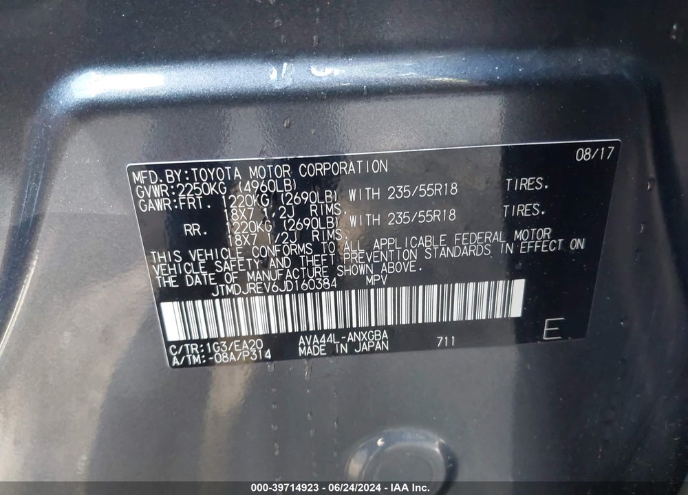2018 TOYOTA RAV4 HYBRID LIMITED VIN: JTMDJREV6JD160384