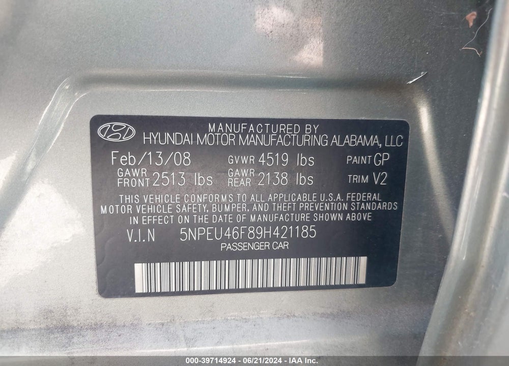 2009 HYUNDAI SONATA LIMITED V6 VIN: 5NPEU46F89H421185
