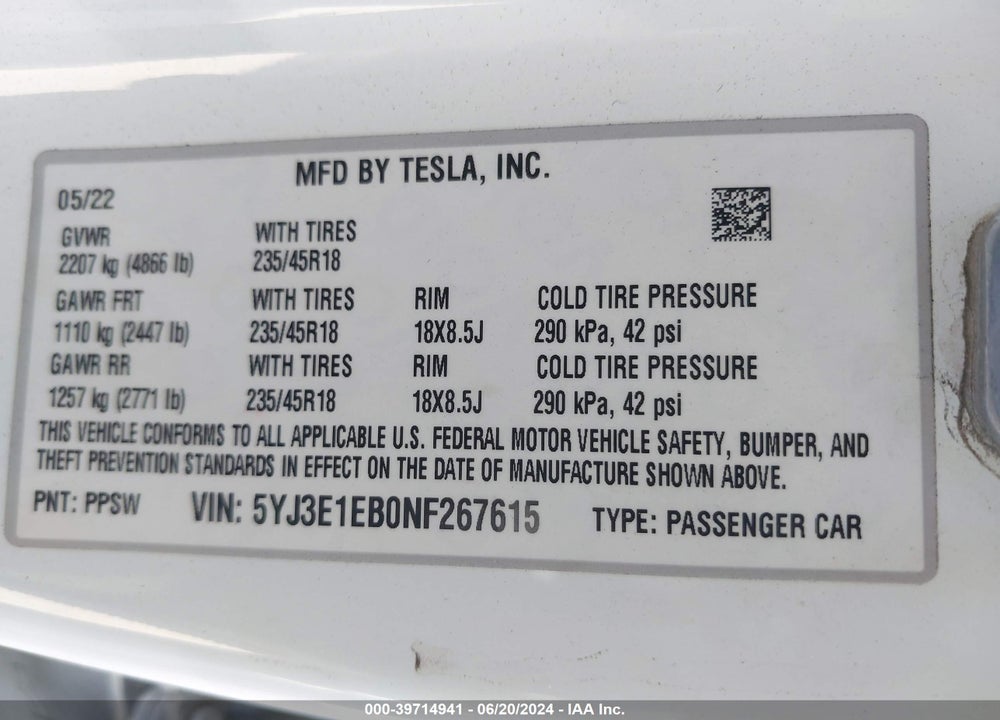 2022 TESLA MODEL 3 LONG RANGE DUAL MOTOR ALL-WHEEL DRIVE VIN: 5YJ3E1EB0NF267615