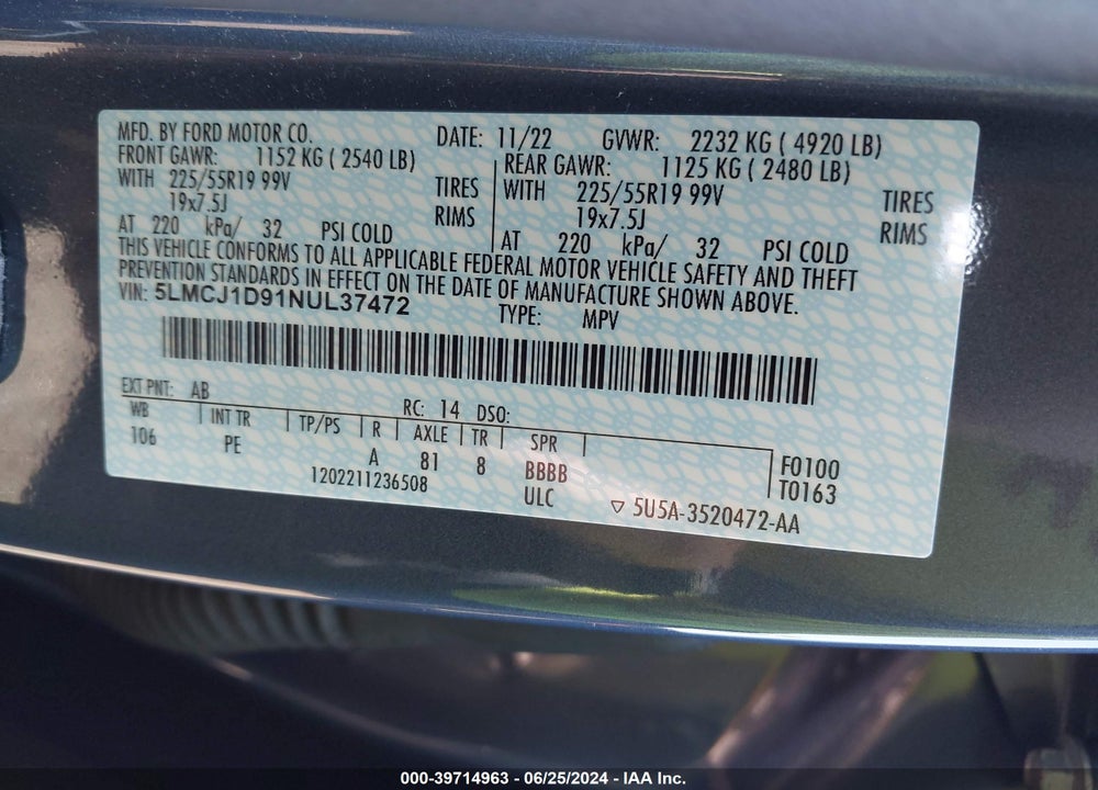 2022 LINCOLN CORSAIR STANDARD VIN: 5LMCJ1D91NUL37472