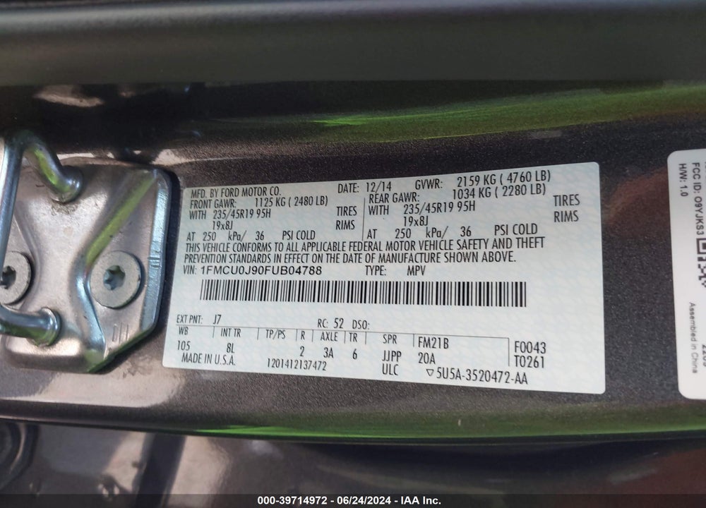 2015 FORD ESCAPE TITANIUM VIN: 1FMCU0J90FUB04788