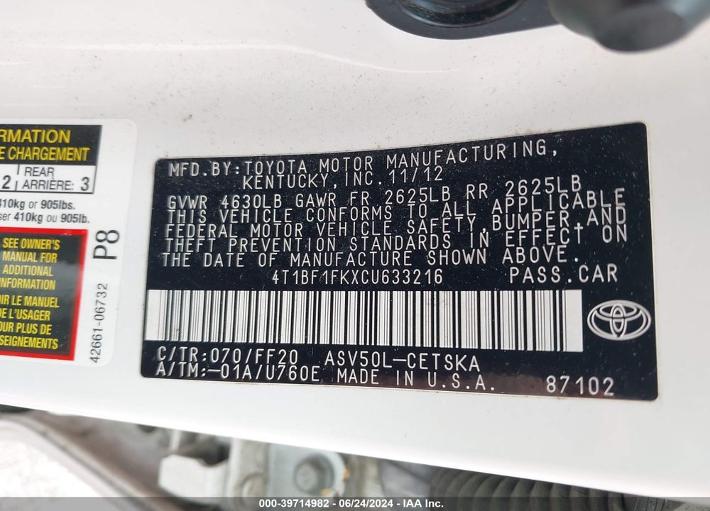 2012 TOYOTA CAMRY SE LIMITED EDITION VIN: 4T1BF1FKXCU633216