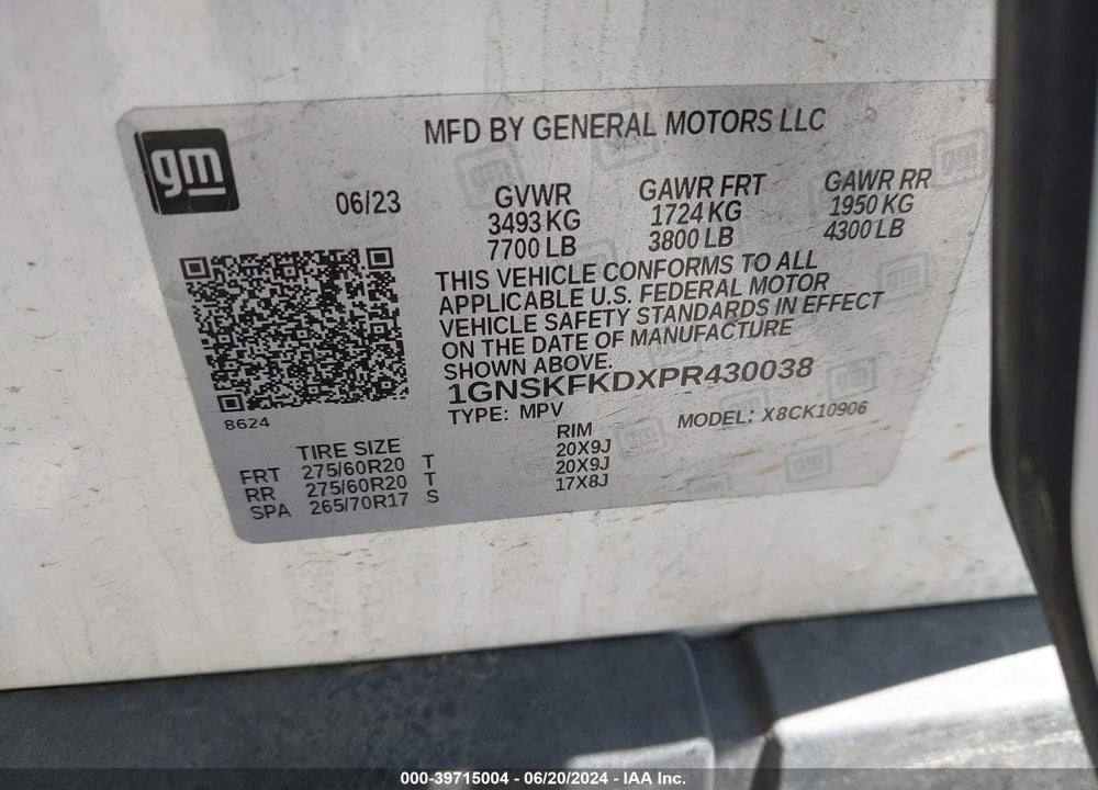 2023 CHEVROLET SUBURBAN VIN: 1GNSKFKDXPR430038