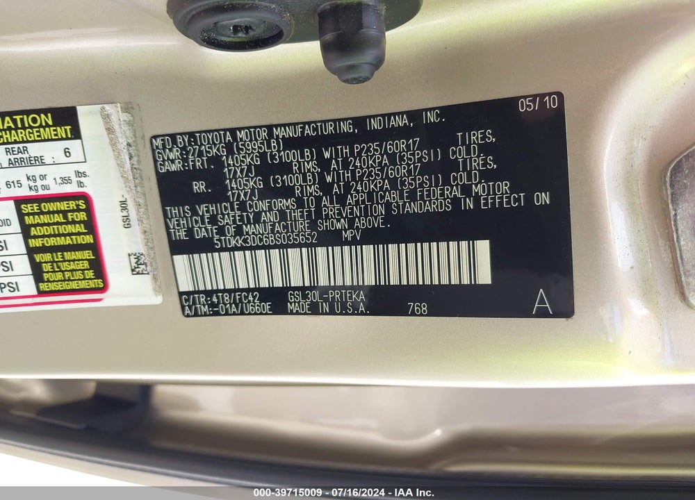 2011 TOYOTA SIENNA LE V6 VIN: 5TDKK3DC6BS035652