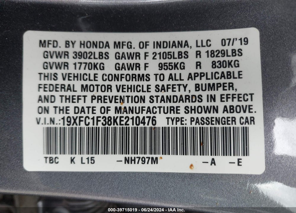 2019 HONDA CIVIC EX VIN: 19XFC1F38KE210476
