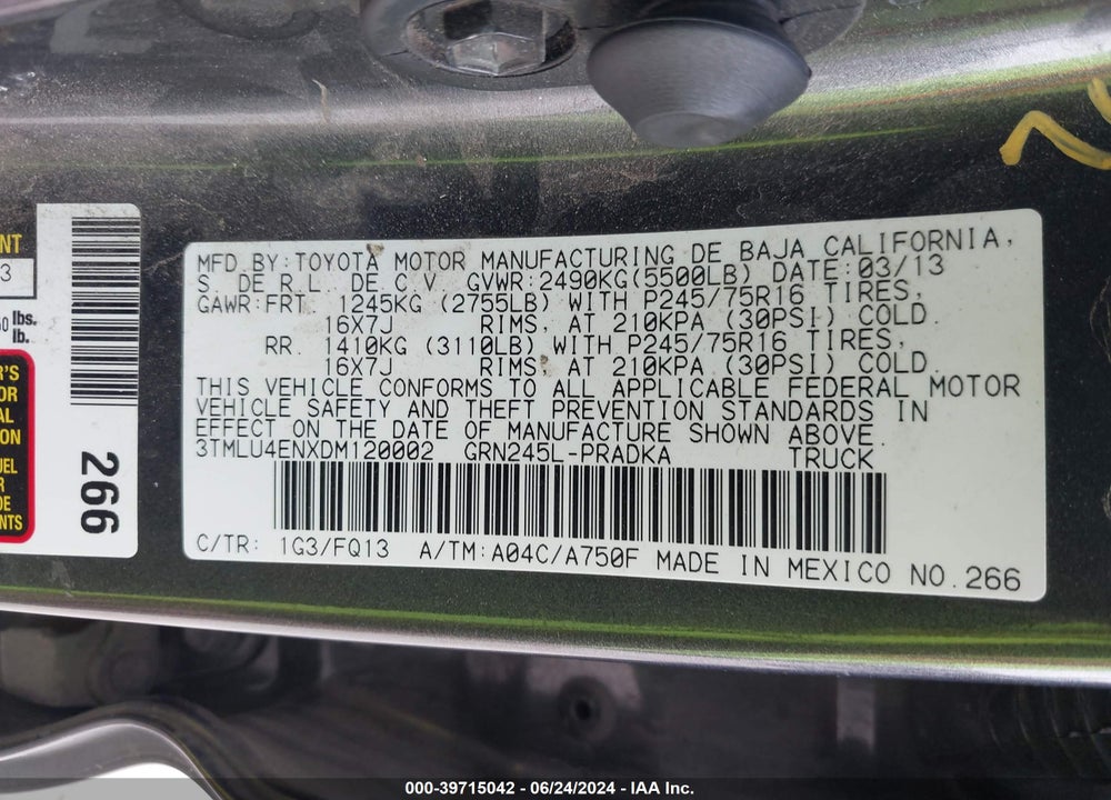 2013 TOYOTA TACOMA BASE V6 VIN: 3TMLU4ENXDM120002