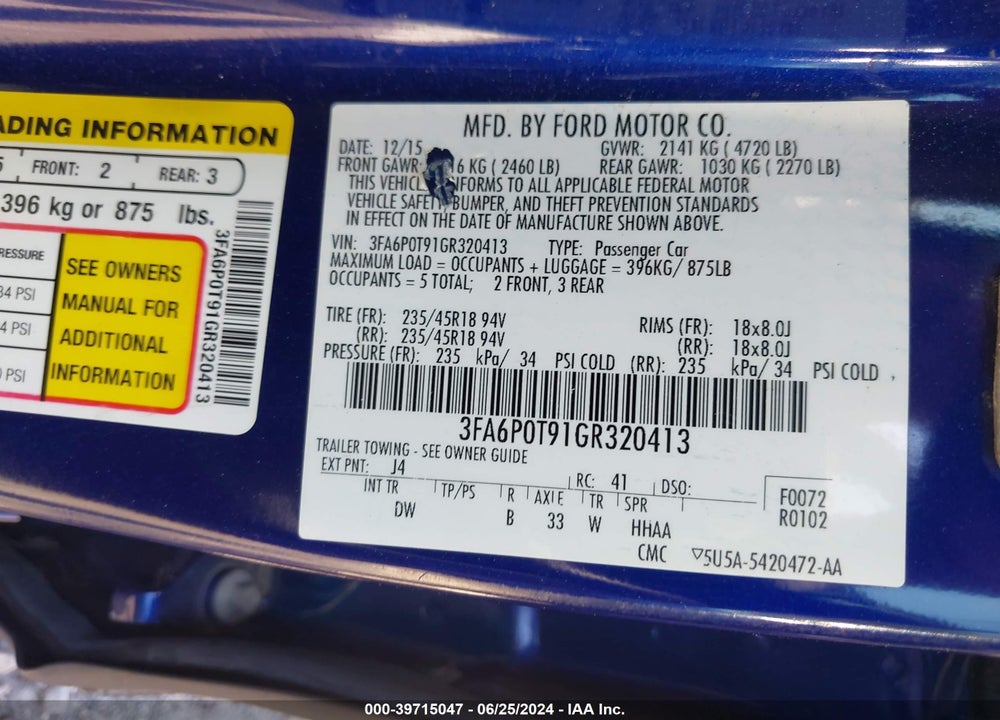 2016 FORD FUSION SE VIN: 3FA6P0T91GR320413