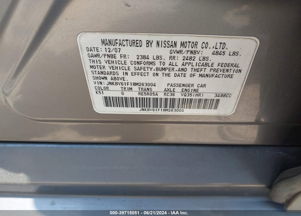 2008 INFINITI G35X VIN: JNKBV61F18M263004